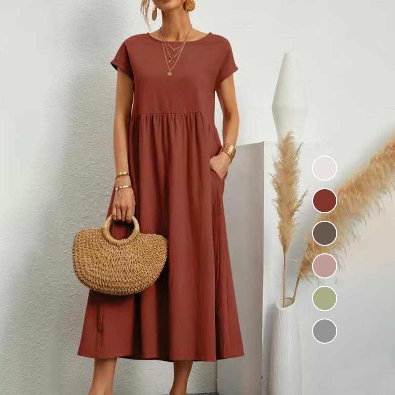 Solid Color Cotton Linen Pocket Dress